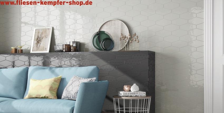 Dekor-Wandfliese Wien blanco glänzend 10x20 cm, Retro / Vintage